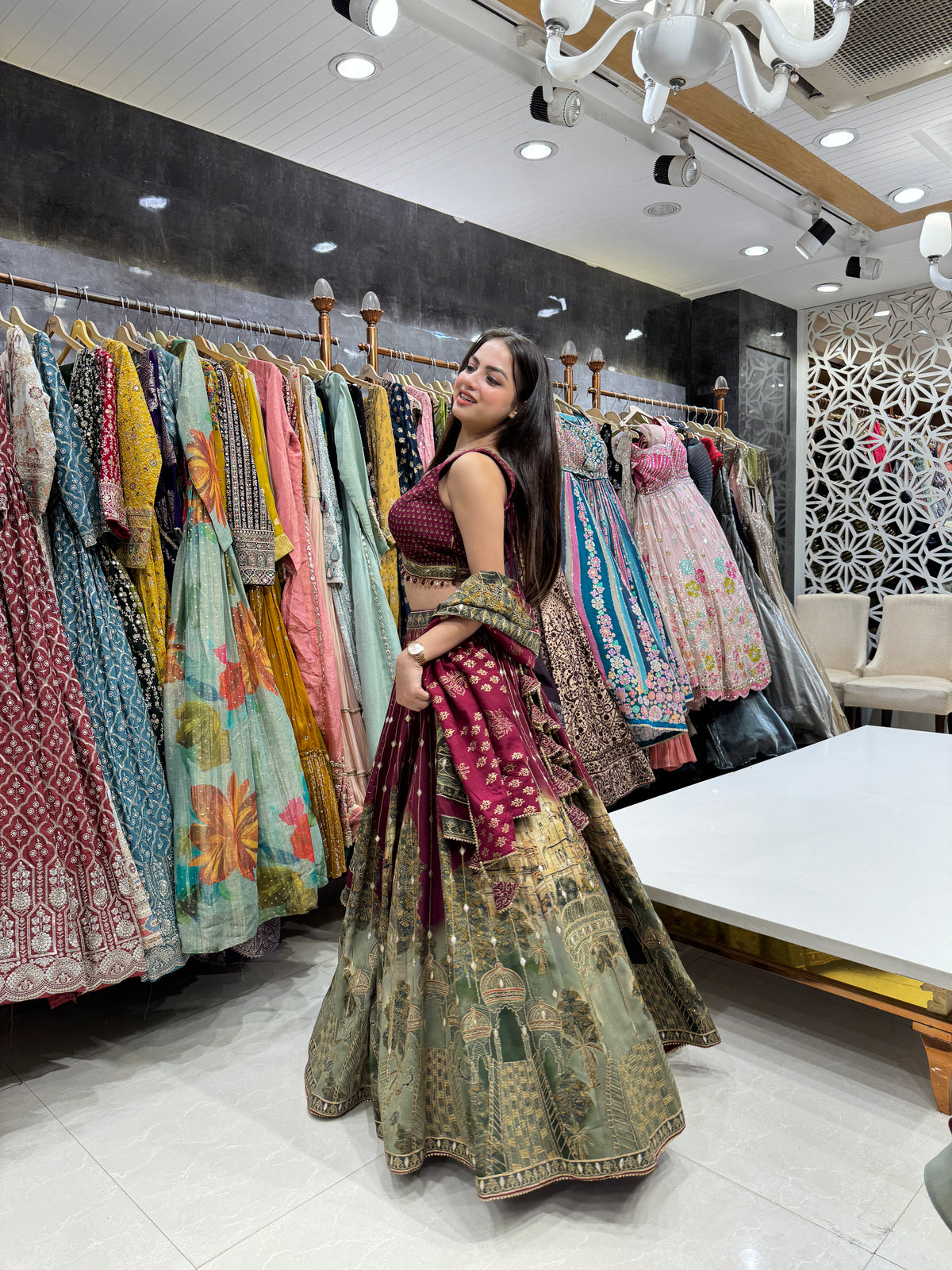 Red Pure Crepe Lehenga with Gotta and Hand-Outlined Digital Print