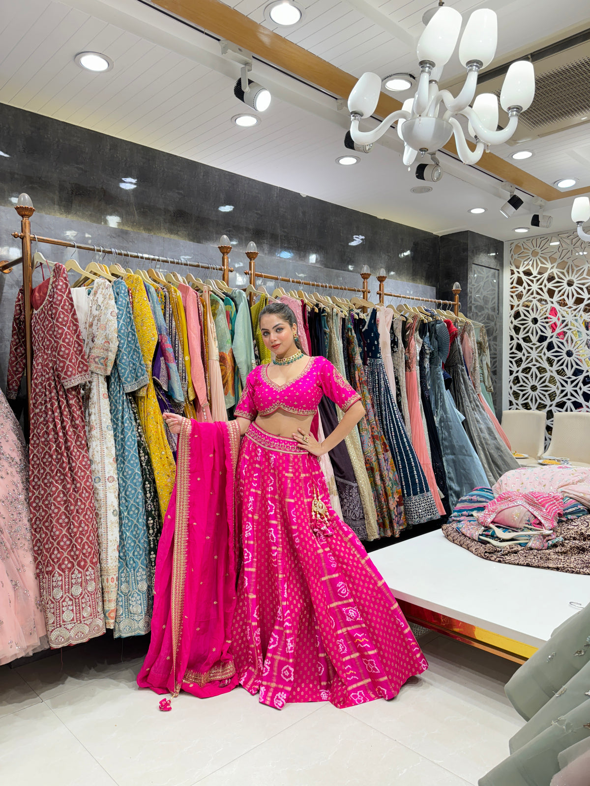 Pink Pure Bandini Silk Lehenga with Jardozi Handwork