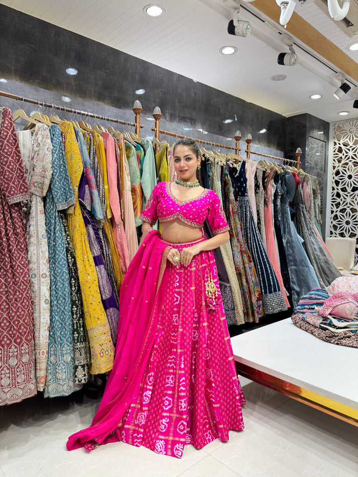 Pink Pure Bandini Silk Lehenga with Jardozi Handwork