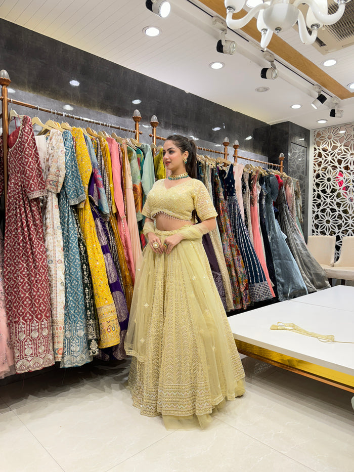 Radiant Yellow Net Lehenga with Embroidery & Sheer Work