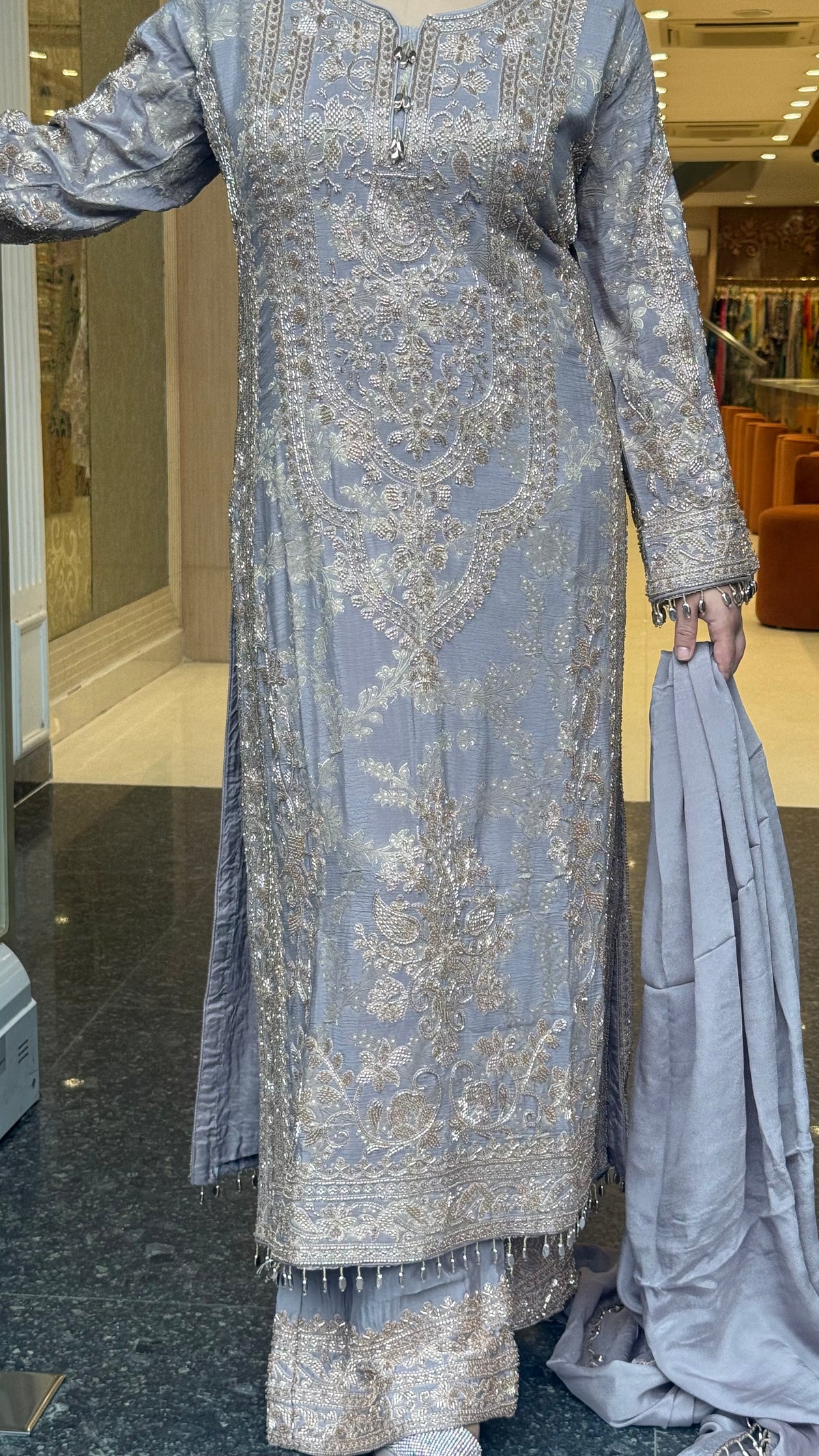Elegant Pakistani Banarasi Silk Suit Set with Beads Work