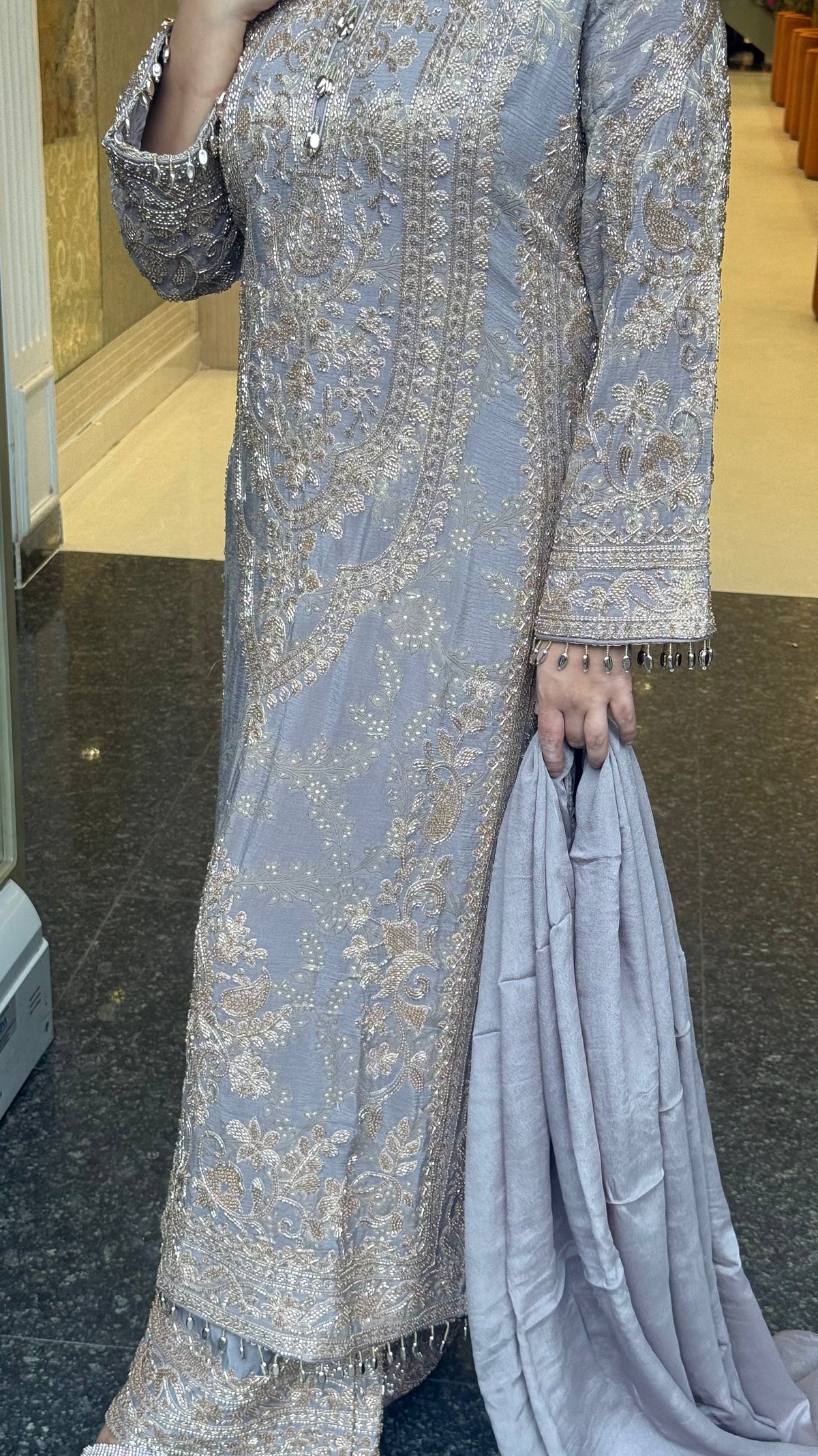Elegant Pakistani Banarasi Silk Suit Set with Beads Work