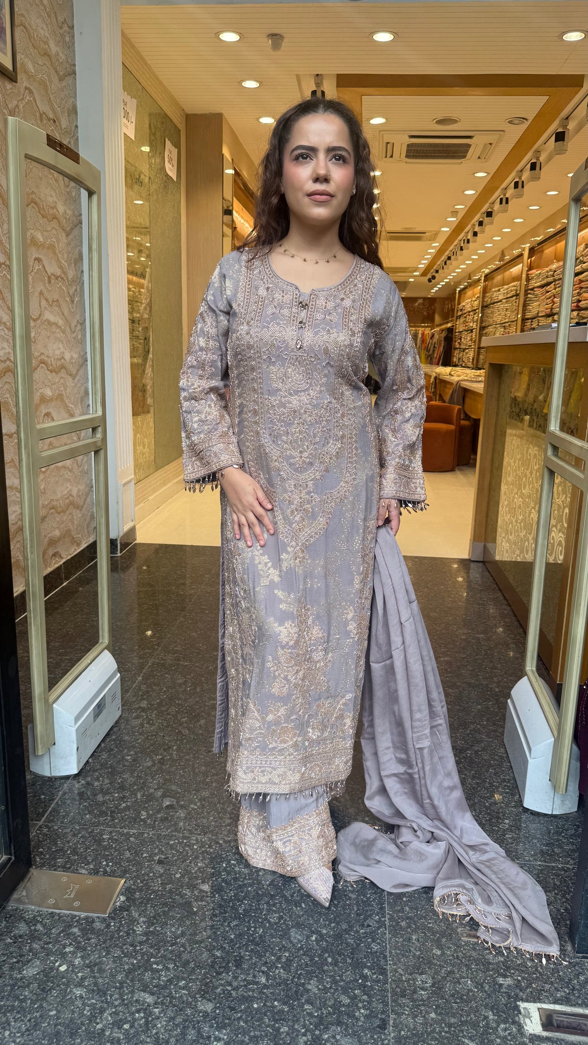 Elegant Pakistani Banarasi Silk Suit Set with Beads Work