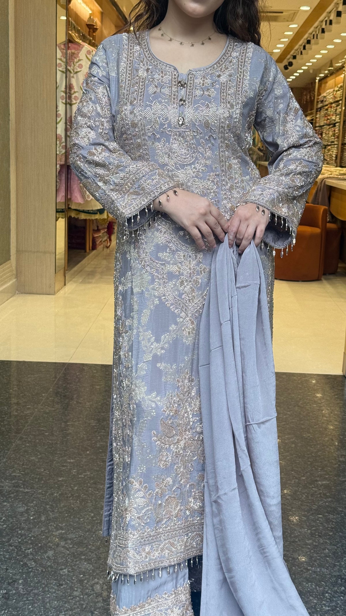 Elegant Pakistani Banarasi Silk Suit Set with Beads Work