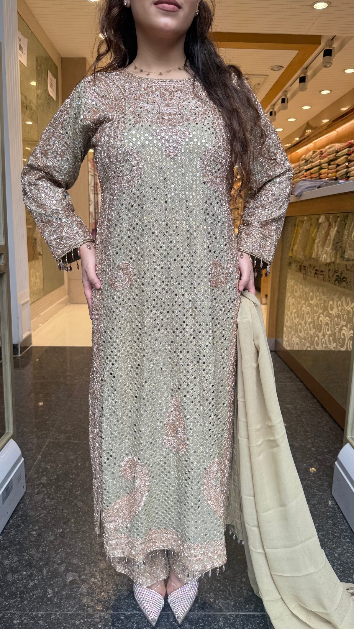 Designer Pakistani Georgette Suit Set with Sequin Shirt & Beads Work
