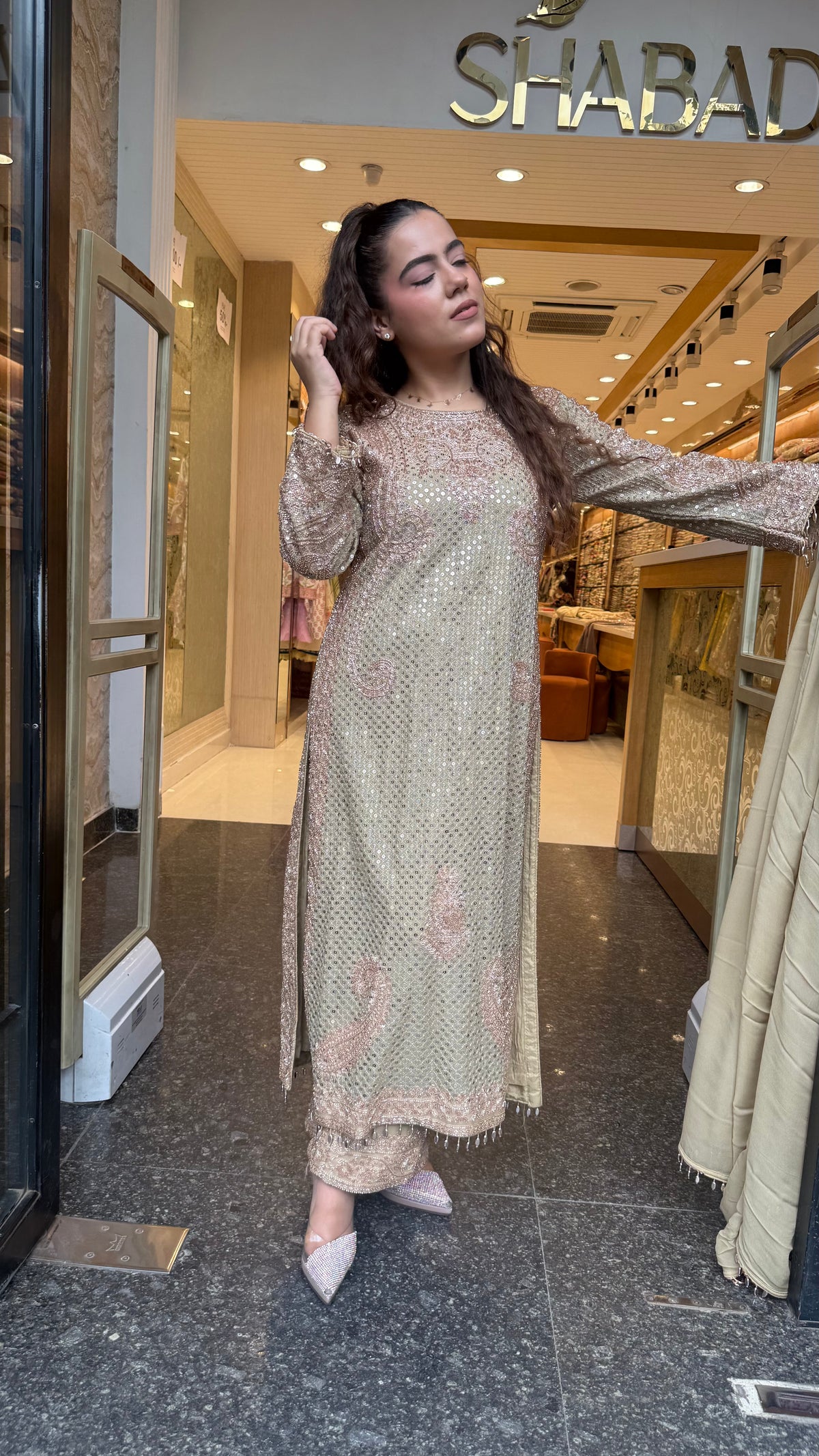 Designer Pakistani Georgette Suit Set with Sequin Shirt & Beads Work