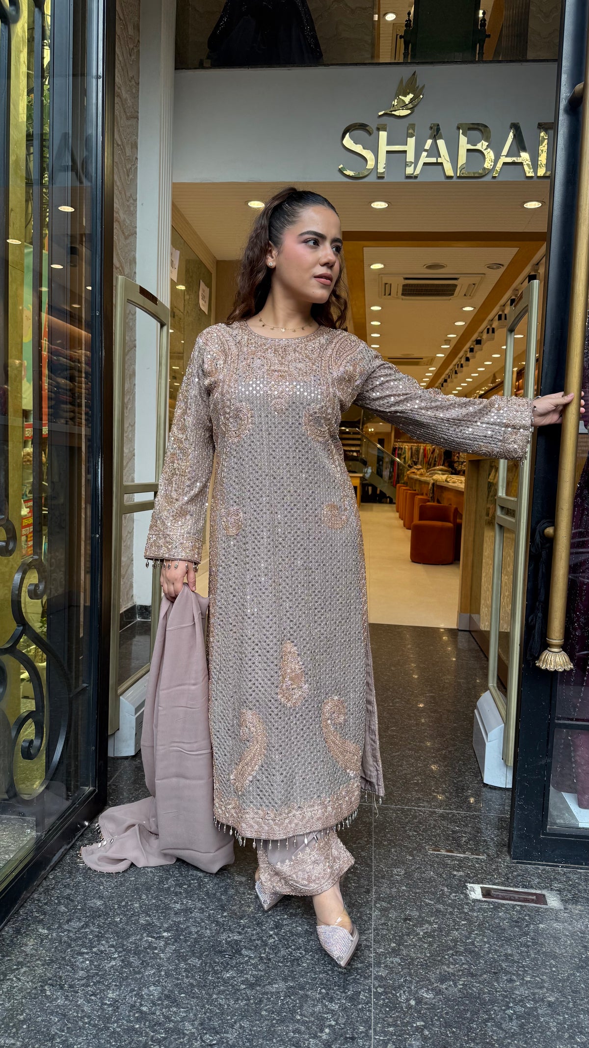 Designer Pakistani Georgette Suit Set with Sequin Shirt & Beads Work