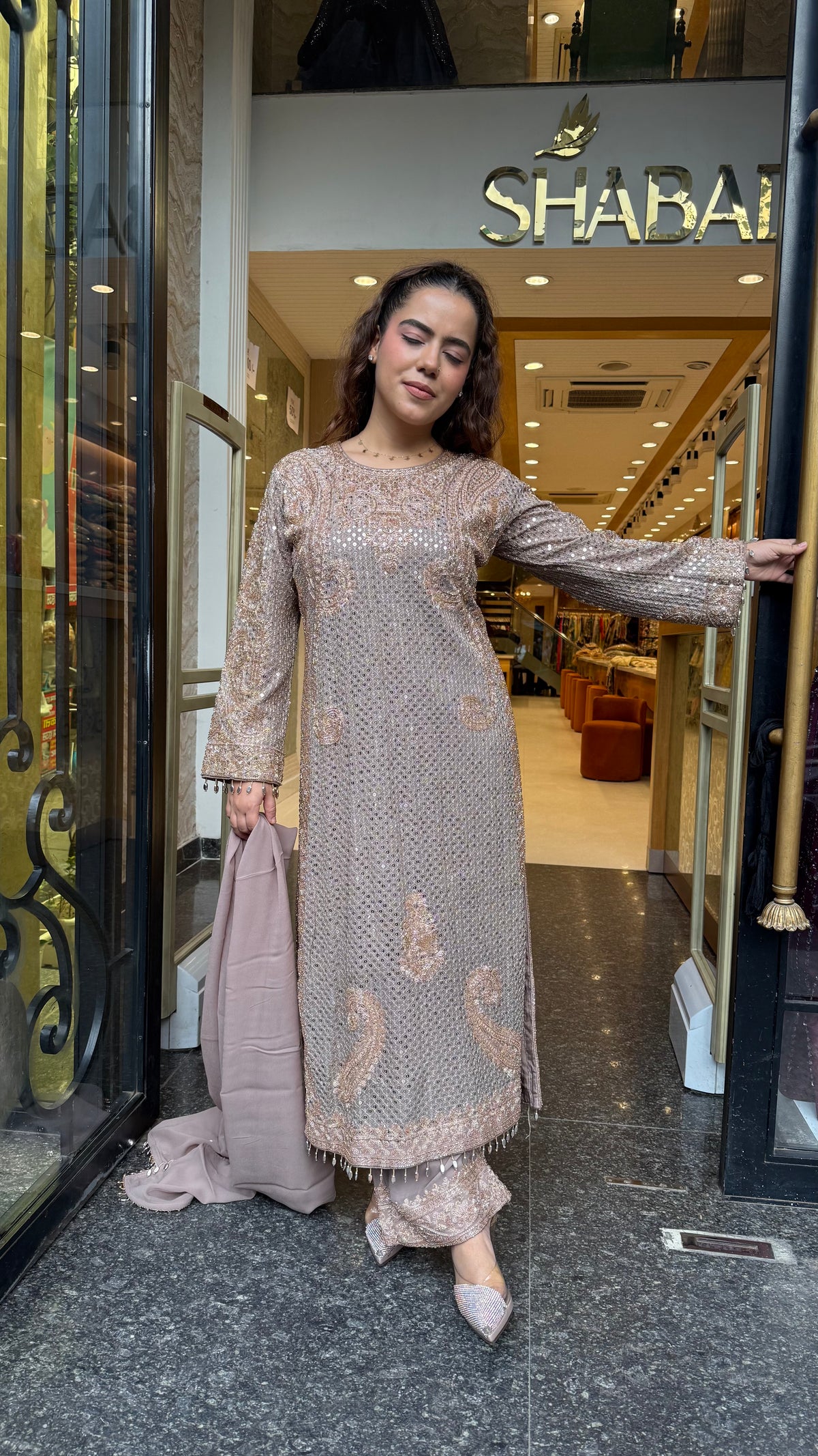 Designer Pakistani Georgette Suit Set with Sequin Shirt & Beads Work