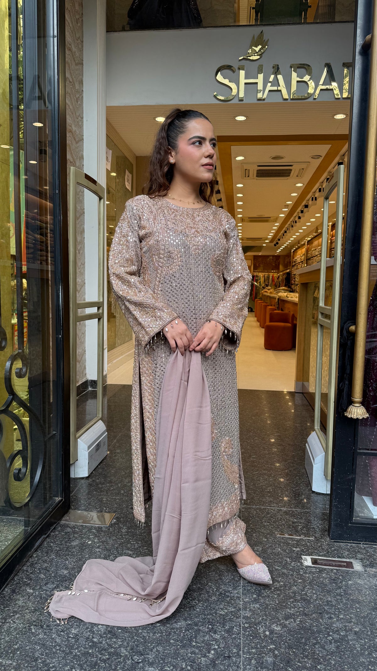Designer Pakistani Georgette Suit Set with Sequin Shirt & Beads Work