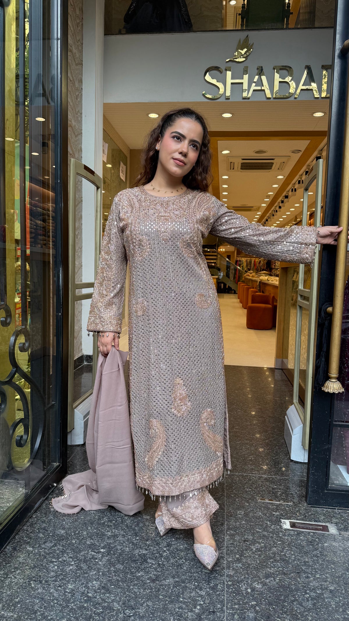 Designer Pakistani Georgette Suit Set with Sequin Shirt & Beads Work