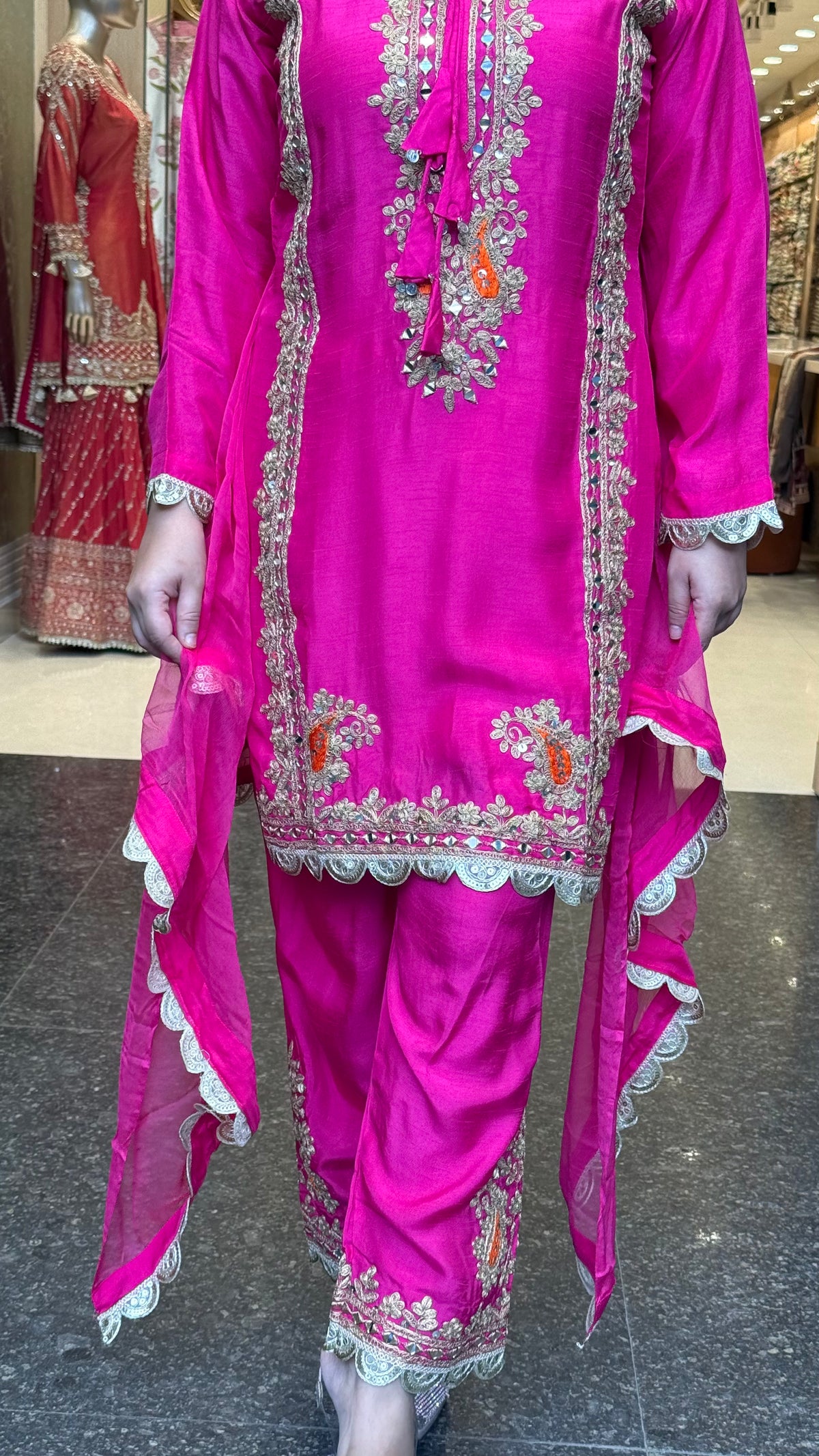 Premium Silk Suit Set with Gold Dori & Mirror Work