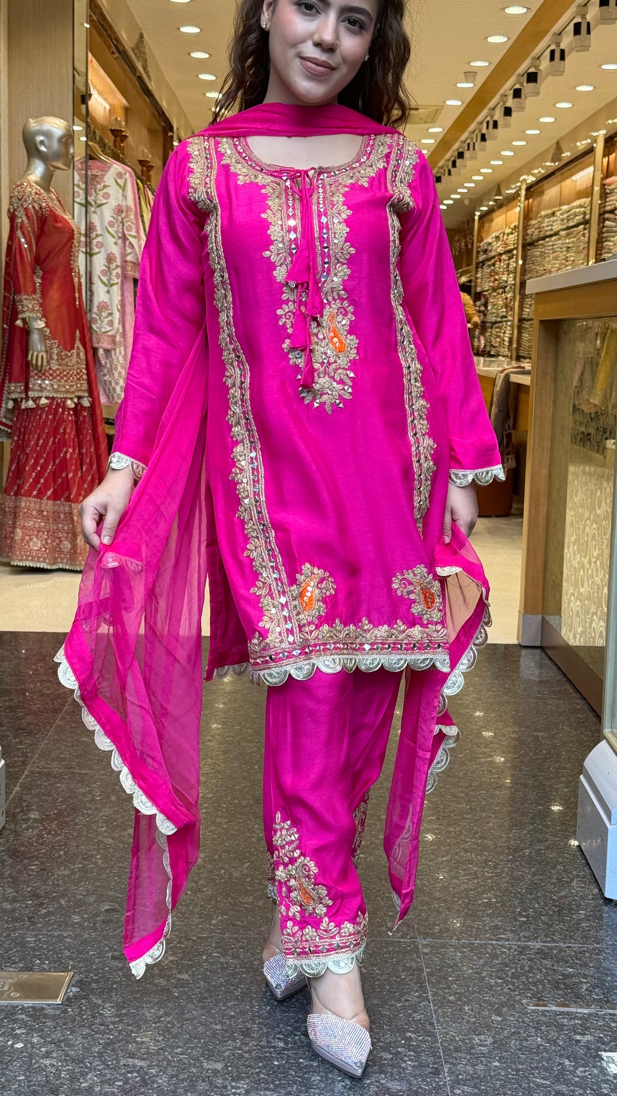 Premium Silk Suit Set with Gold Dori & Mirror Work