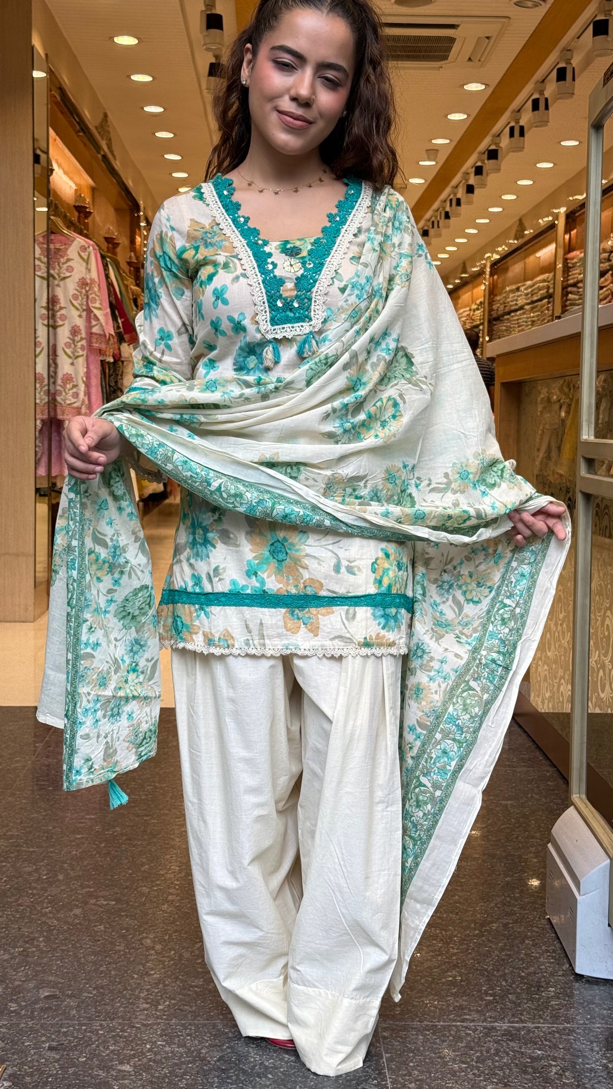 Budget-Friendly Cotton Farshi Salwar Suit Set with Floral Print & Lace Neckline