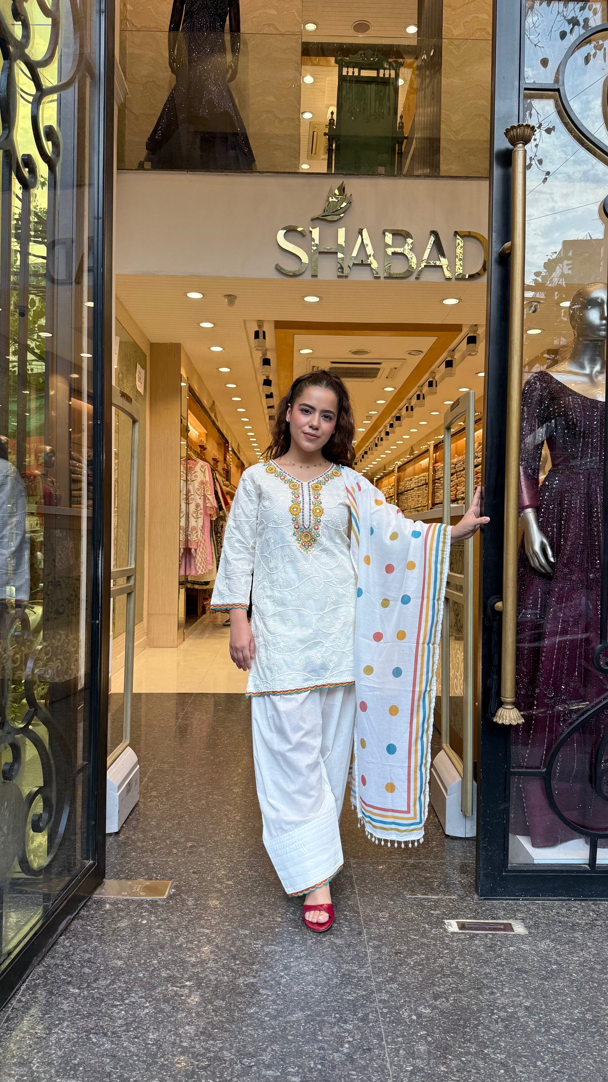 Cotton Farshi Salwar Suit Set with Dori Work & Thread Embroidered Patch Neckline