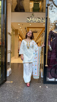 Cotton Farshi Salwar Suit Set with Dori Work & Thread Embroidered Patch Neckline