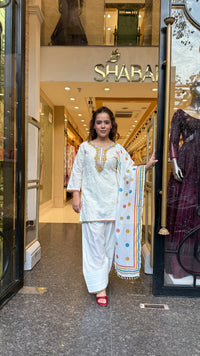 Cotton Farshi Salwar Suit Set with Dori Work & Thread Embroidered Patch Neckline