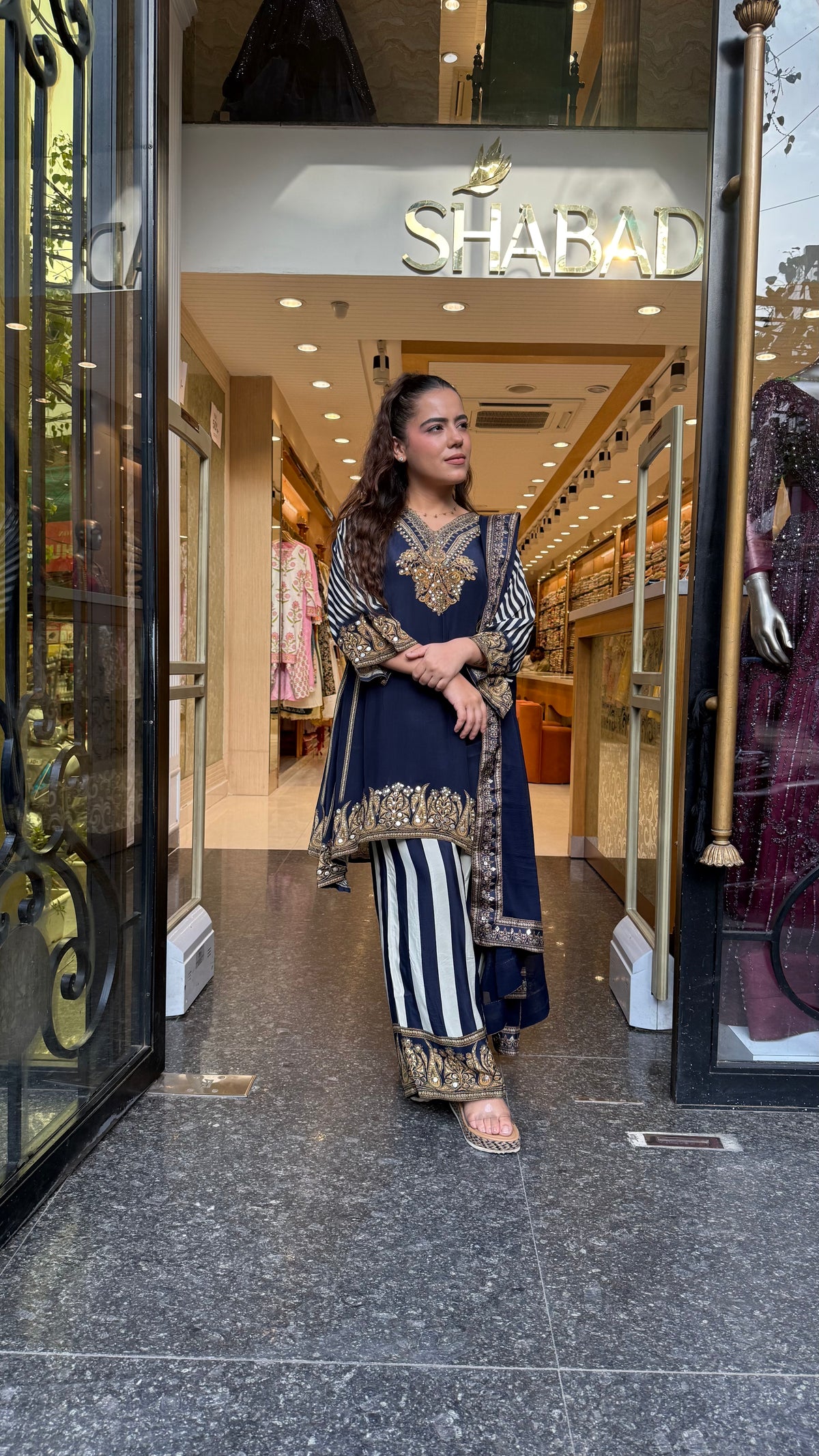Digital Printed Crepe Suit Set with Leather & Sequin Highlighting