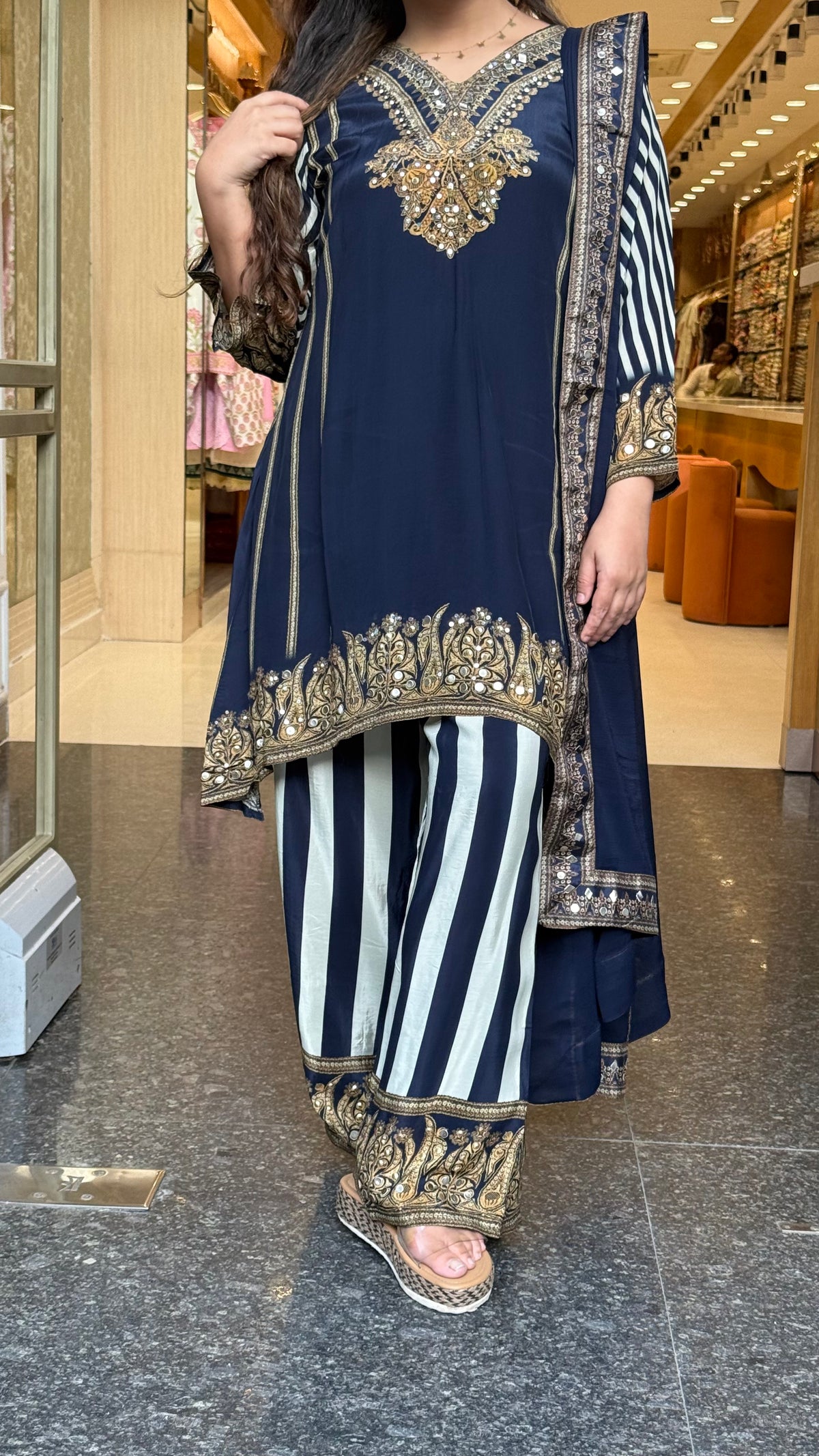 Digital Printed Crepe Suit Set with Leather & Sequin Highlighting