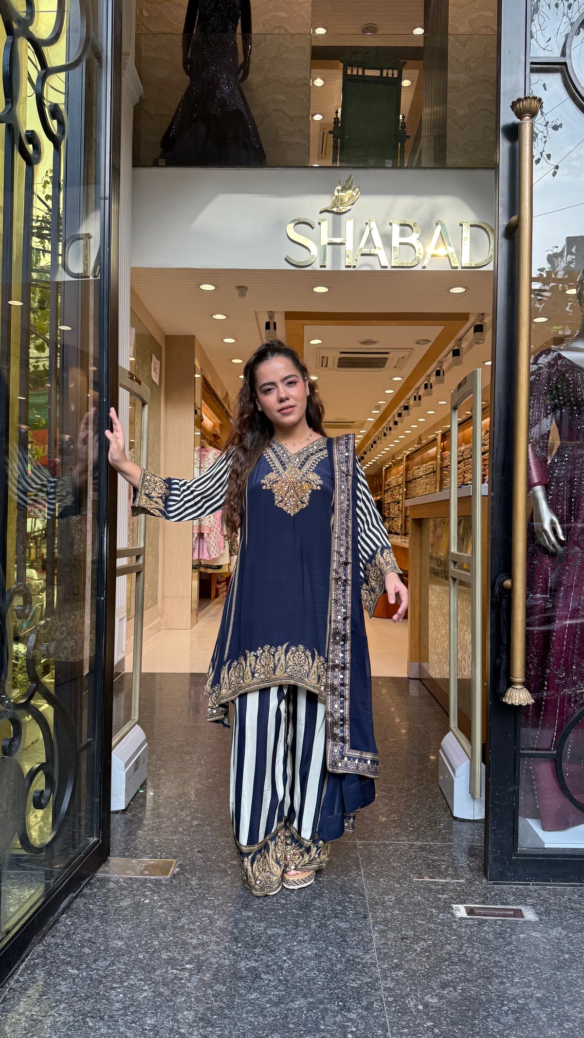 Digital Printed Crepe Suit Set with Leather & Sequin Highlighting