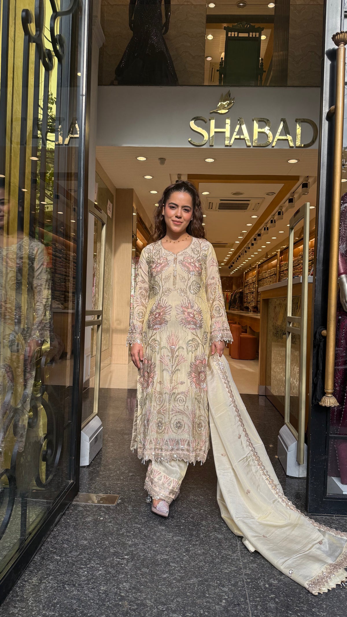 Designer Shimmer Silk Suit Set with Thread Embroidery, Sequins, Pearls & Cutdana Work