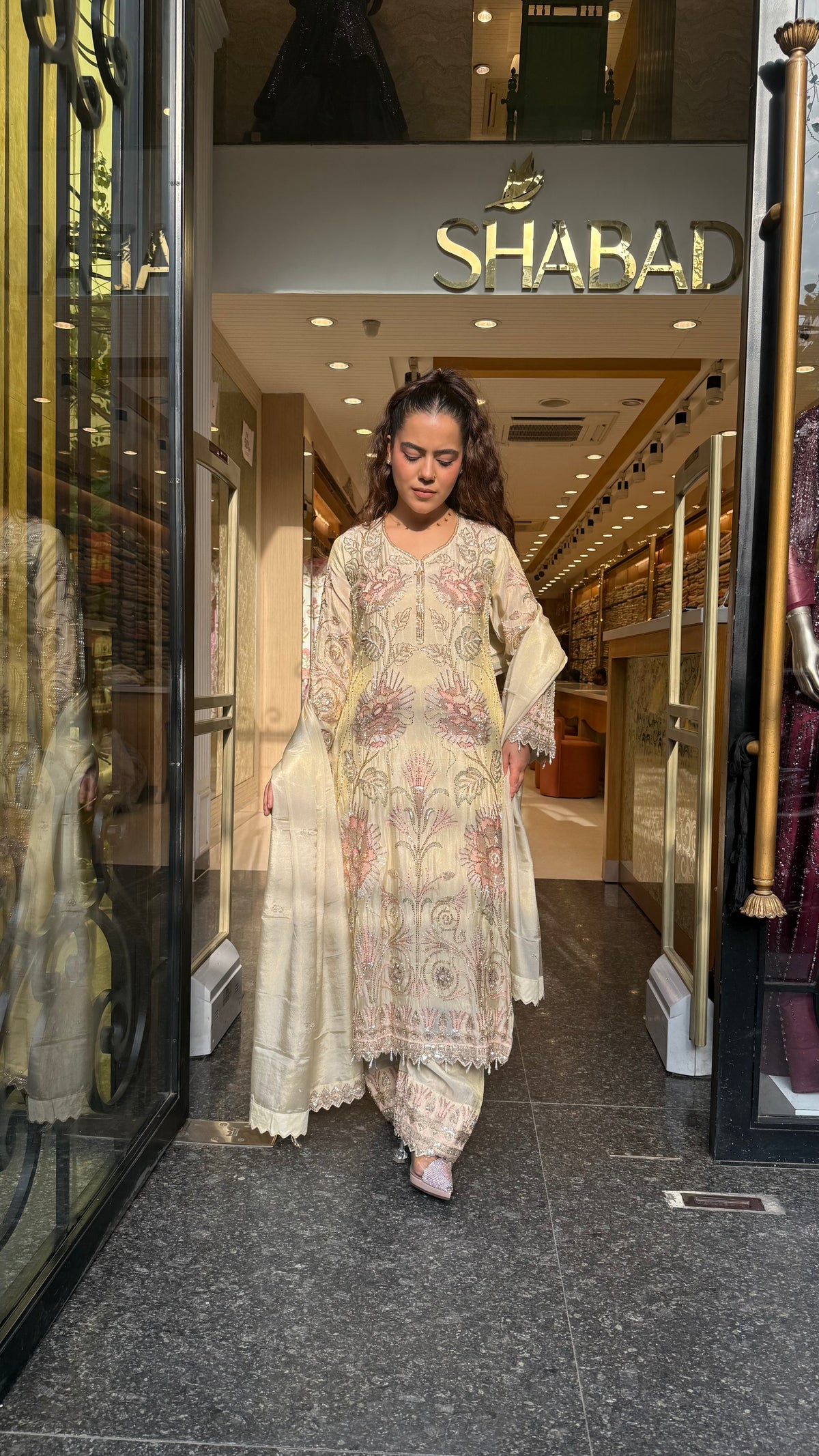 Designer Shimmer Silk Suit Set with Thread Embroidery, Sequins, Pearls & Cutdana Work