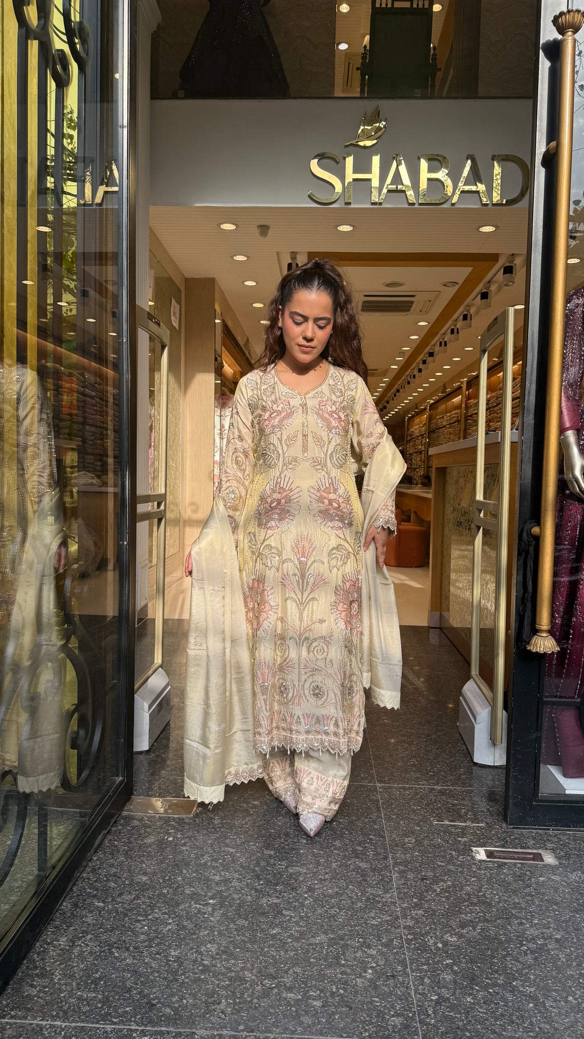 Designer Shimmer Silk Suit Set with Thread Embroidery, Sequins, Pearls & Cutdana Work