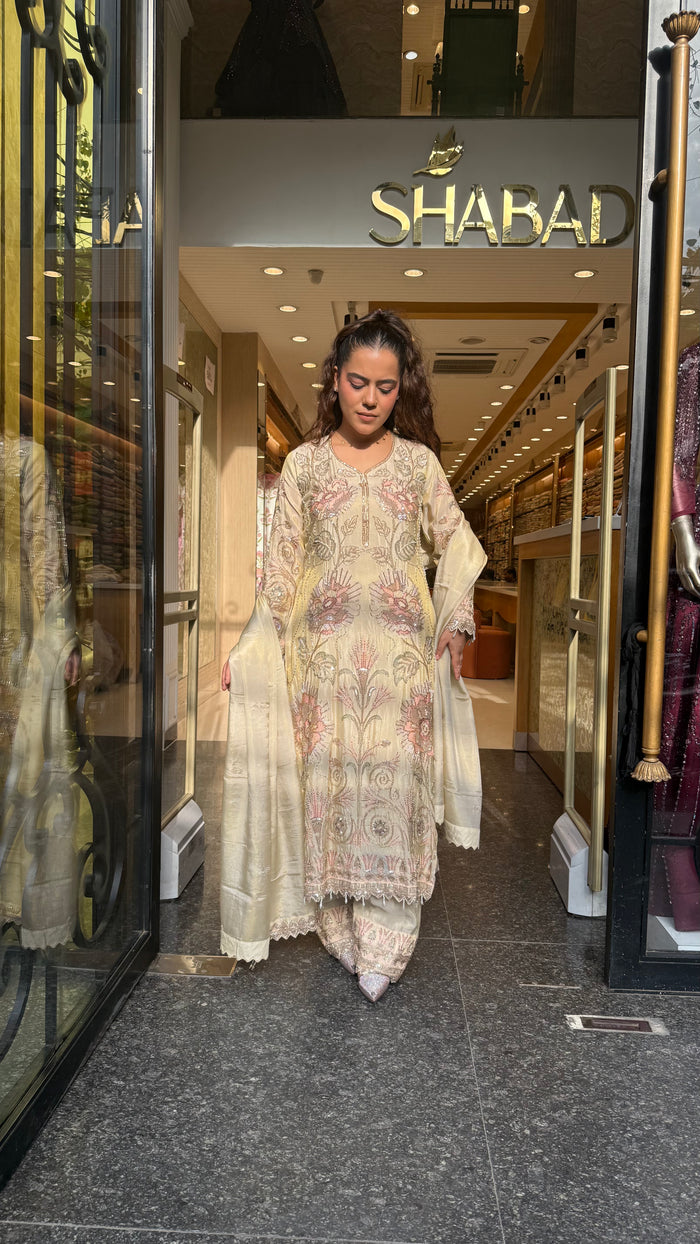 Designer Shimmer Silk Suit Set with Thread Embroidery, Sequins, Pearls & Cutdana Work