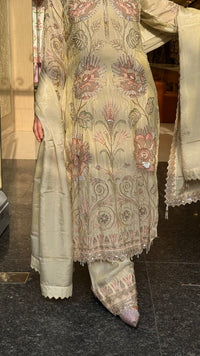Designer Shimmer Silk Suit Set with Thread Embroidery, Sequins, Pearls & Cutdana Work
