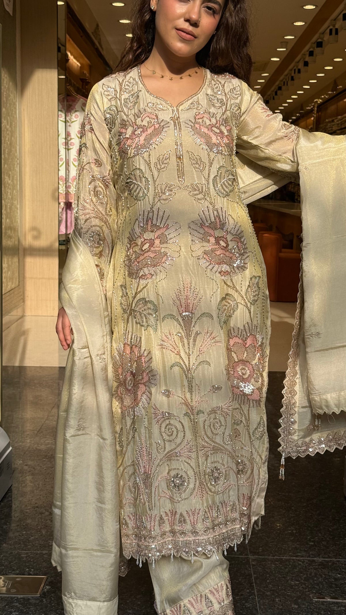 Designer Shimmer Silk Suit Set with Thread Embroidery, Sequins, Pearls & Cutdana Work