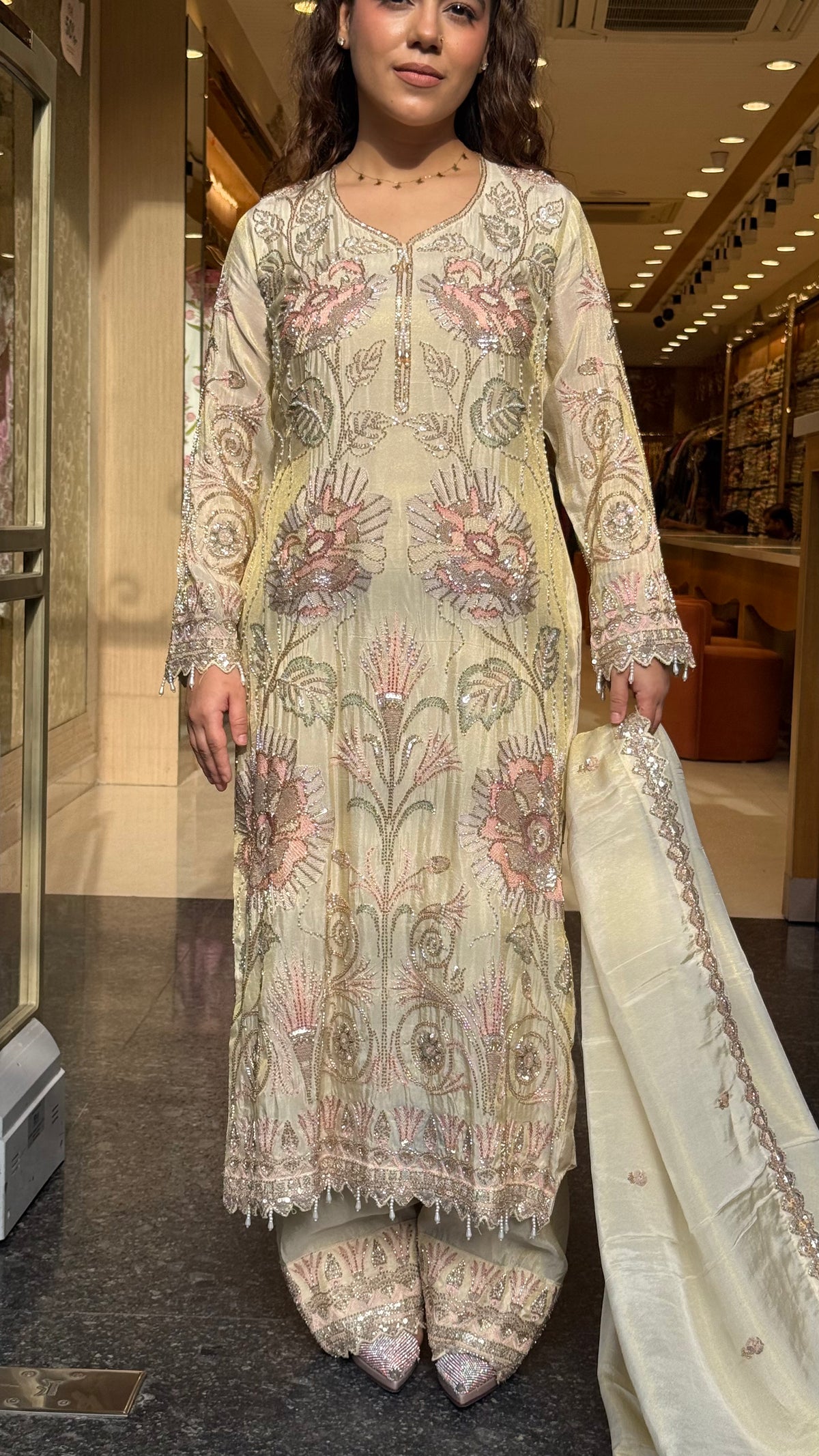 Designer Shimmer Silk Suit Set with Thread Embroidery, Sequins, Pearls & Cutdana Work