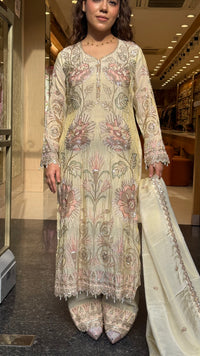 Designer Shimmer Silk Suit Set with Thread Embroidery, Sequins, Pearls & Cutdana Work