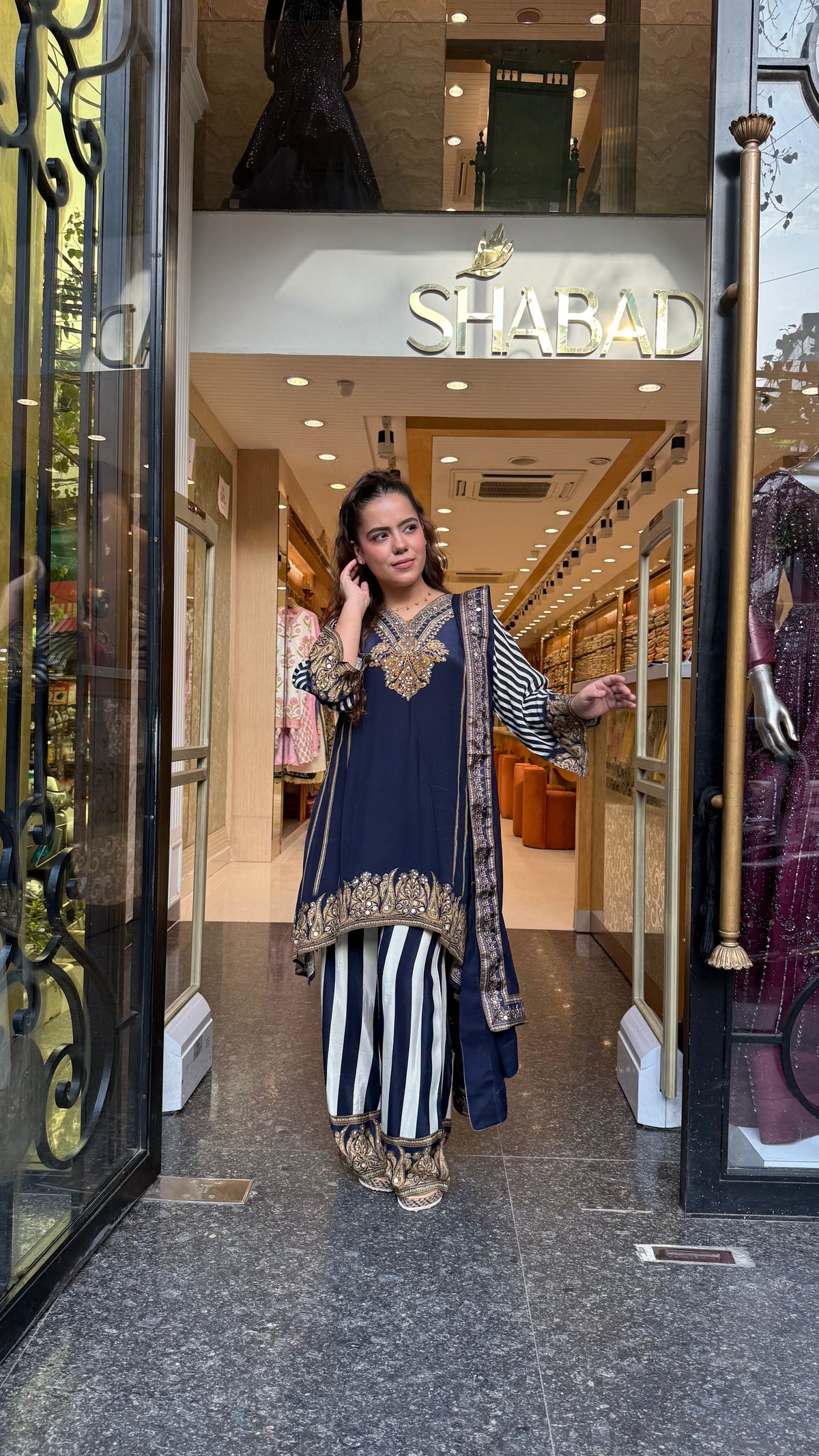 Digital Printed Crepe Suit Set with Leather & Sequin Highlighting