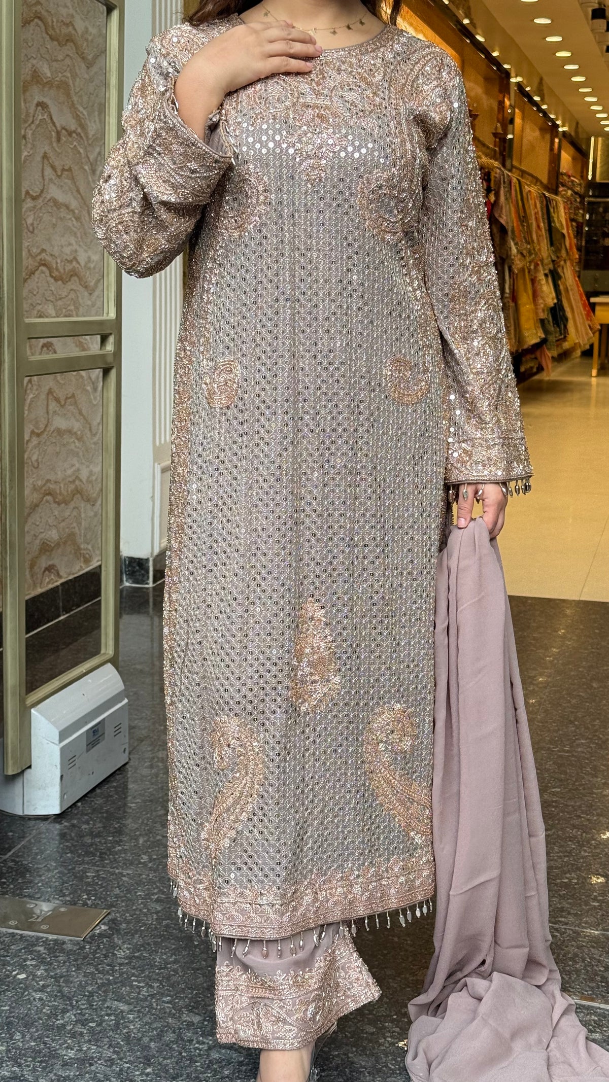 Designer Pakistani Georgette Suit Set with Sequin Shirt & Beads Work