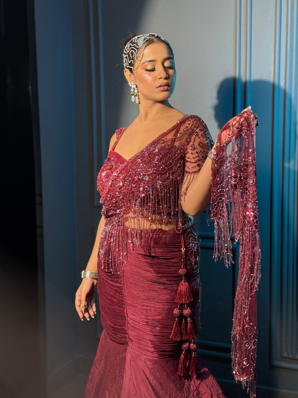 Designer Fish cut Drape Saree with Handwork Blouse & Embellished Palla