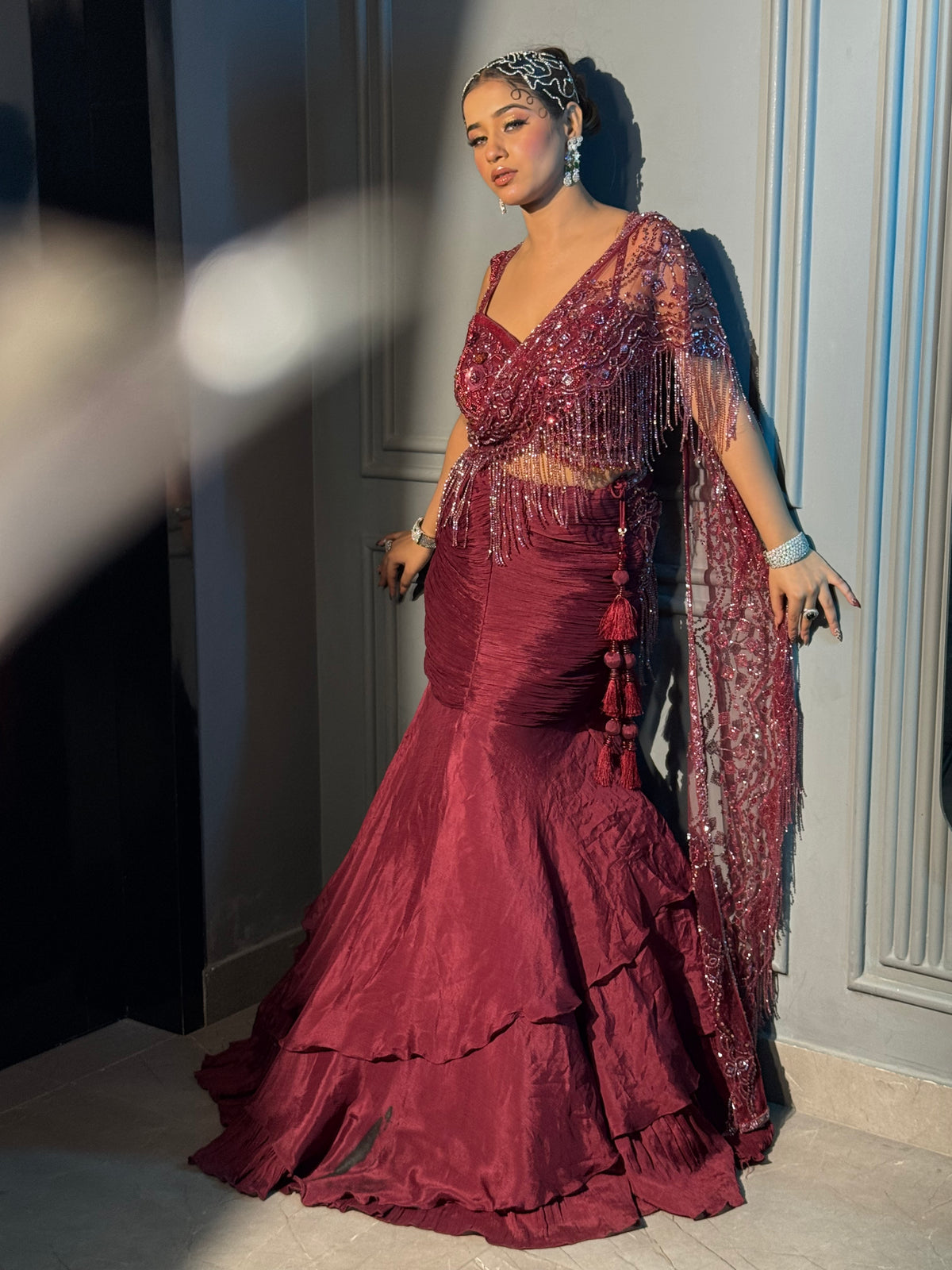 Designer Fish cut Drape Saree with Handwork Blouse & Embellished Palla