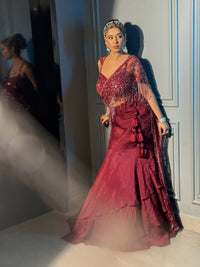 Designer Fish cut Drape Saree with Handwork Blouse & Embellished Palla