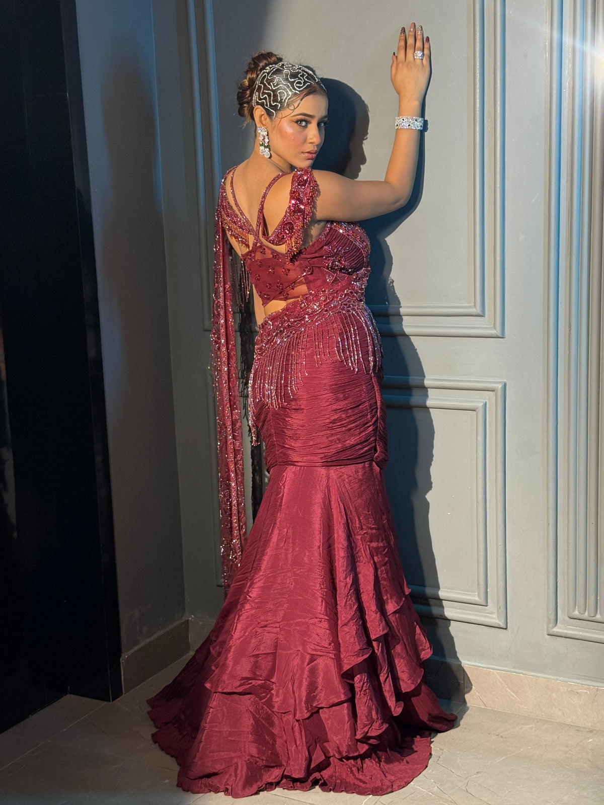 Designer Fish cut Drape Saree with Handwork Blouse & Embellished Palla