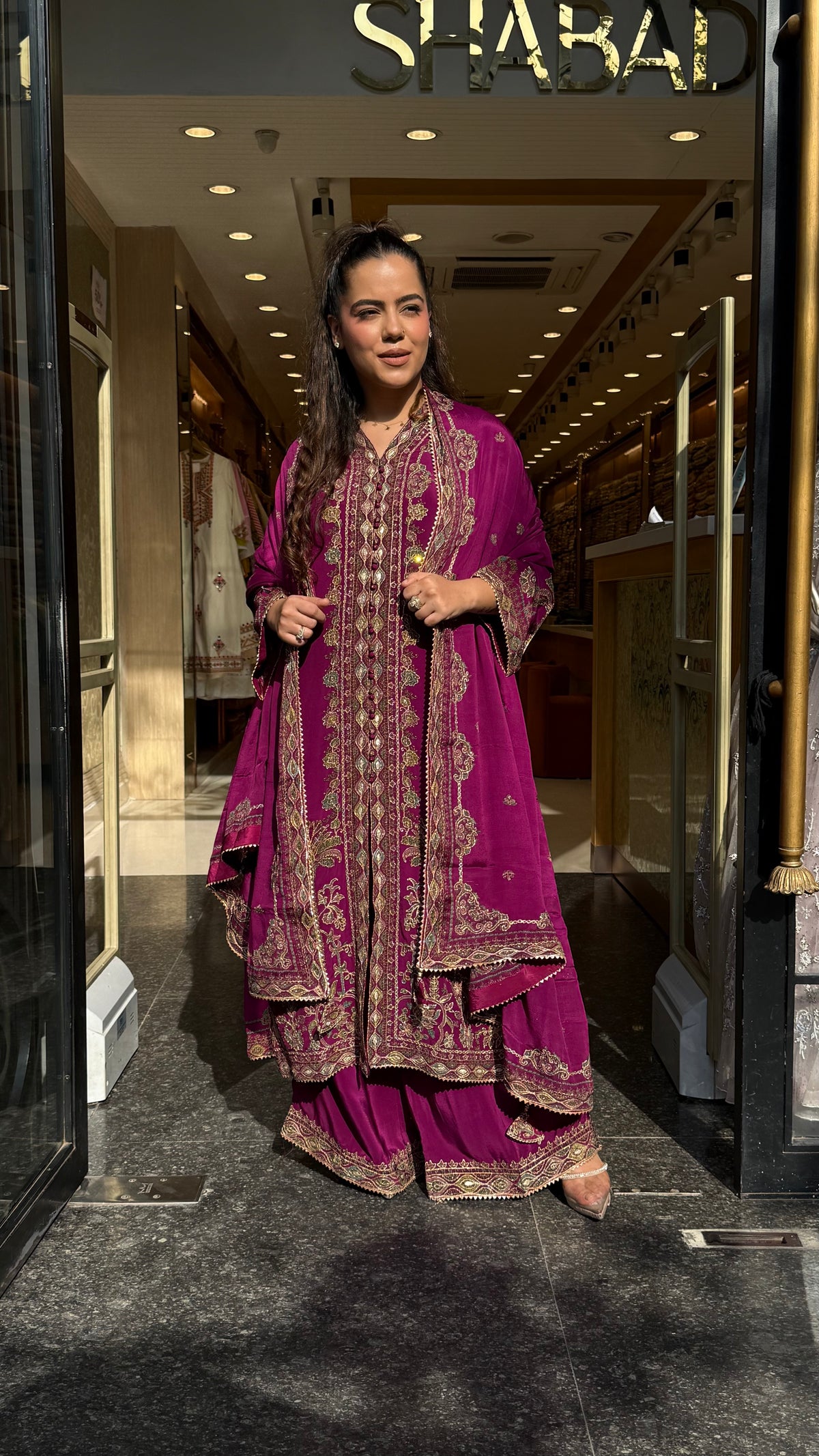 Digital Printed Crepe Suit Set with Gota, Zari & Leather Detailing
