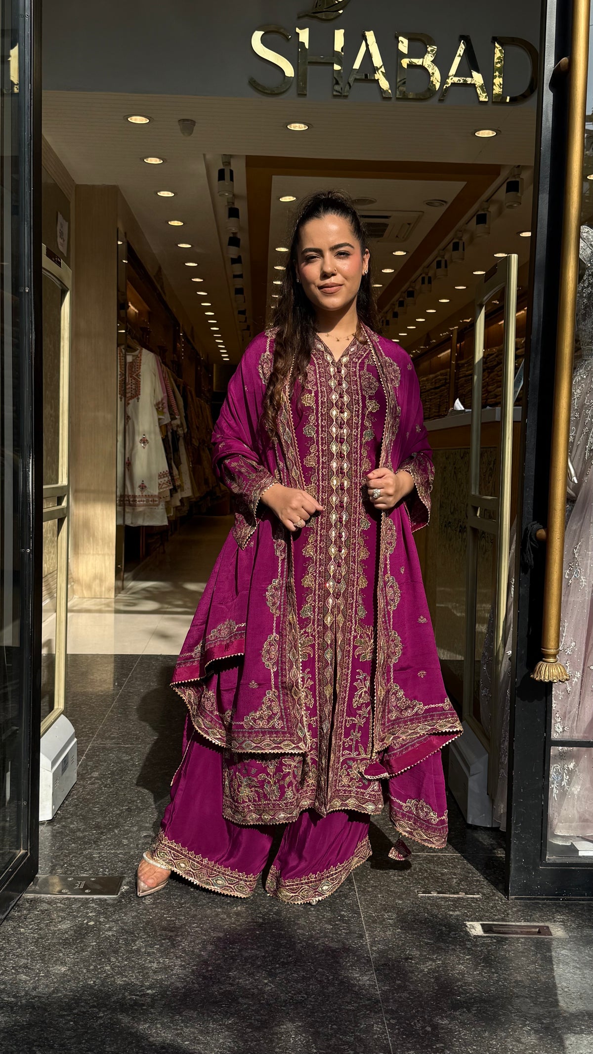 Digital Printed Crepe Suit Set with Gota, Zari & Leather Detailing