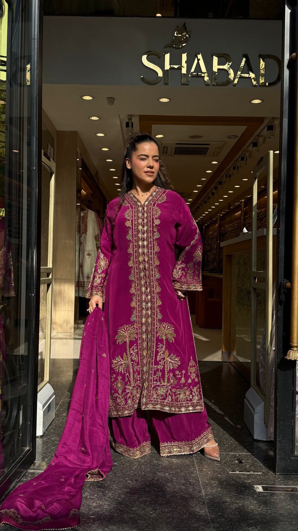 Digital Printed Crepe Suit Set with Gota, Zari & Leather Detailing