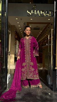 Digital Printed Crepe Suit Set with Gota, Zari & Leather Detailing
