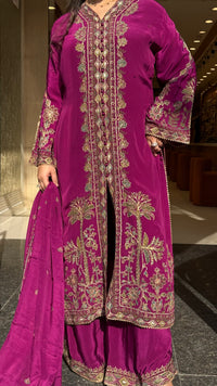 Digital Printed Crepe Suit Set with Gota, Zari & Leather Detailing