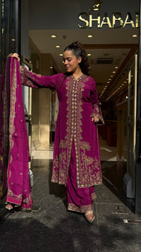 Digital Printed Crepe Suit Set with Gota, Zari & Leather Detailing