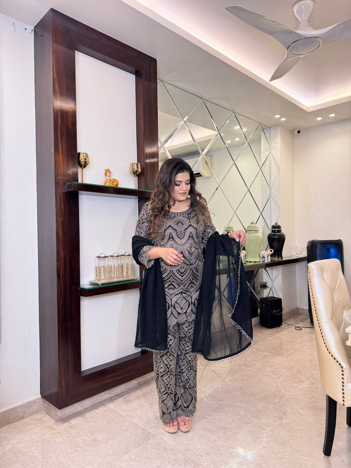Western Black Suit with Lace Detailing – Chic & Elegant Outfit