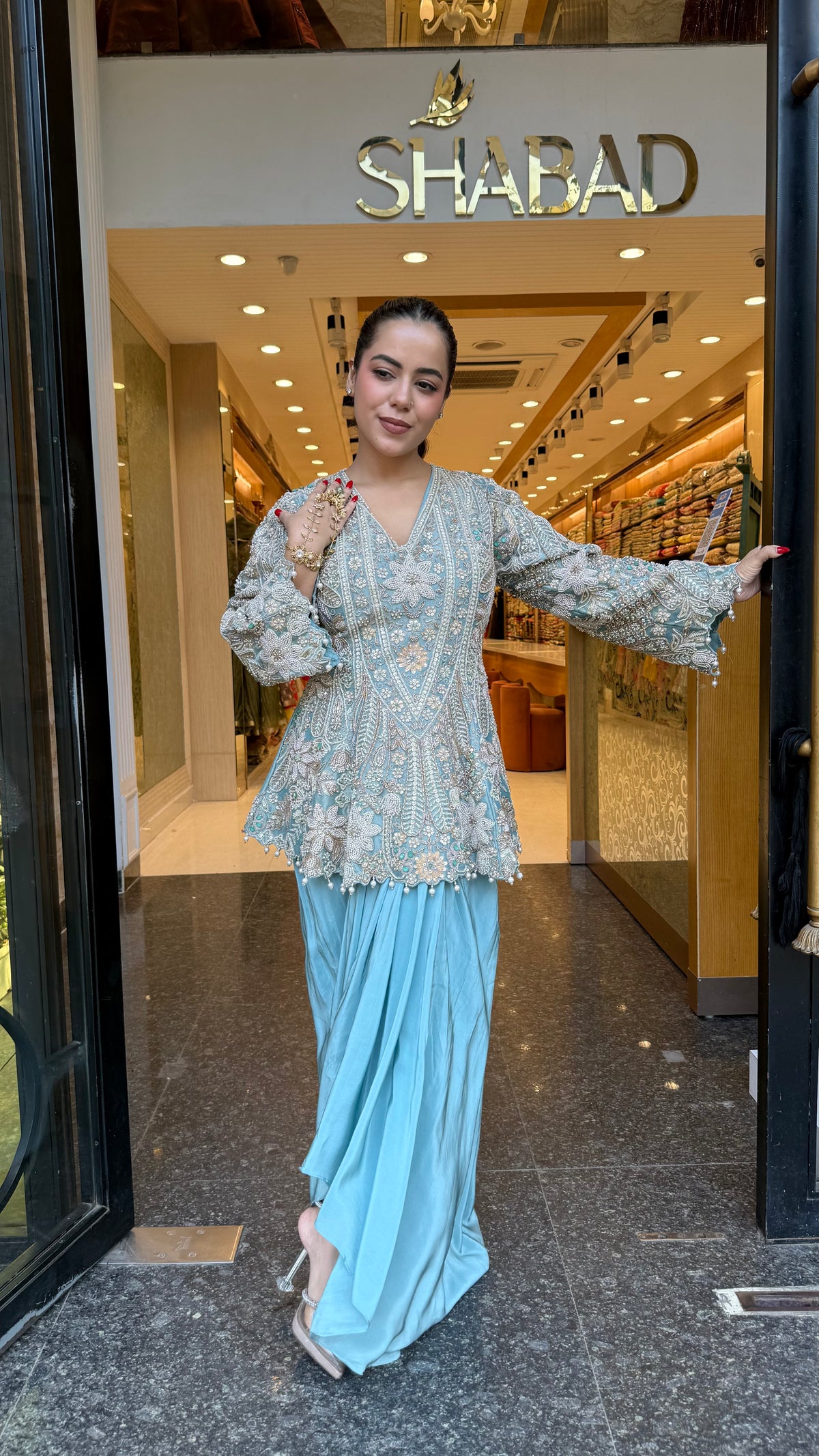 Designer Handworked Indo-Western Shirt & Crepe Bottom Set – Beads, Pearls & Sequin Work (delivery with 15-20 days)