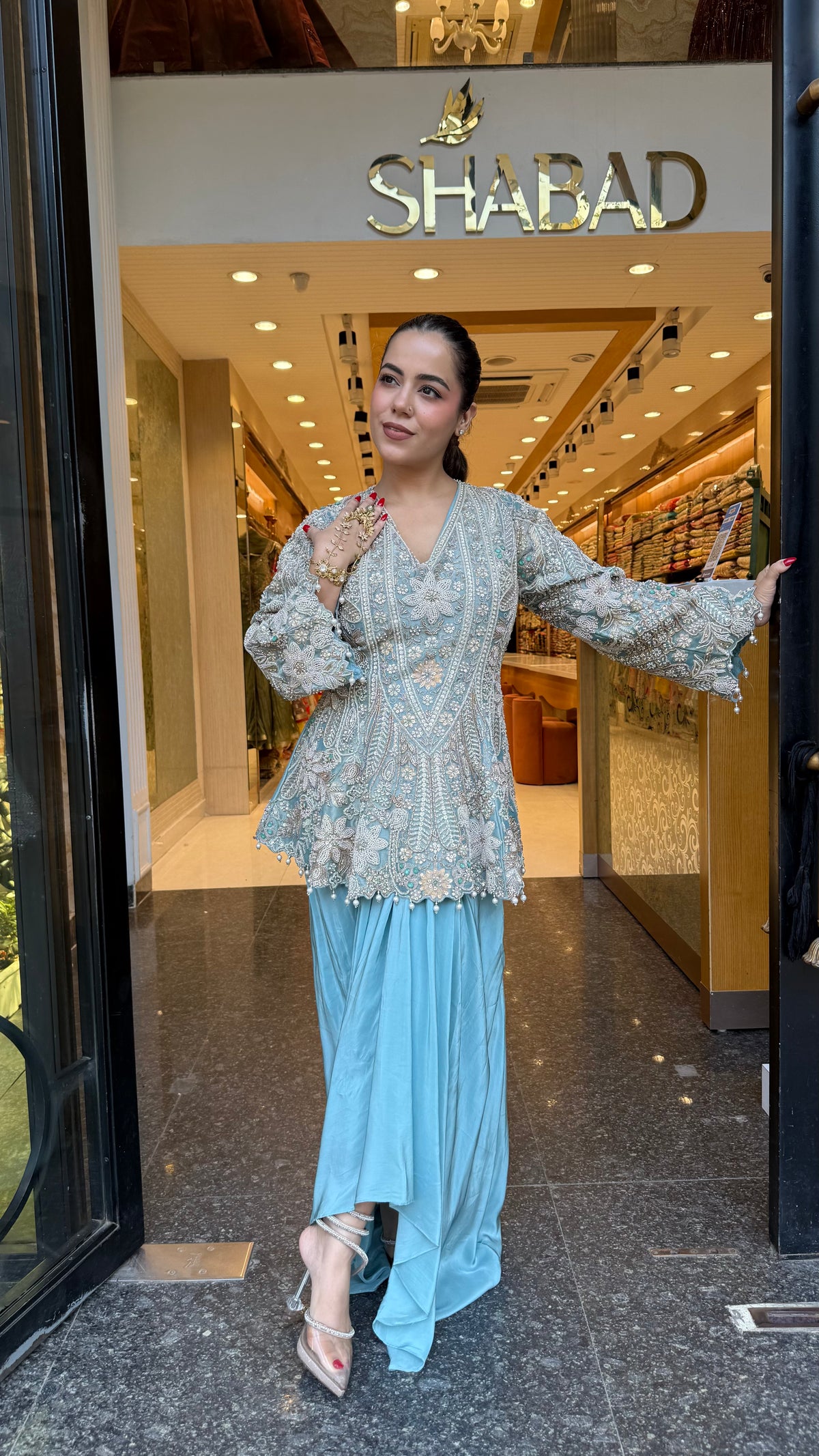 Designer Handworked Indo-Western Shirt & Crepe Bottom Set – Beads, Pearls & Sequin Work (delivery with 15-20 days)
