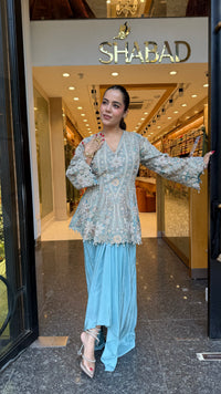Designer Handworked Indo-Western Shirt & Crepe Bottom Set – Beads, Pearls & Sequin Work (delivery with 15-20 days)