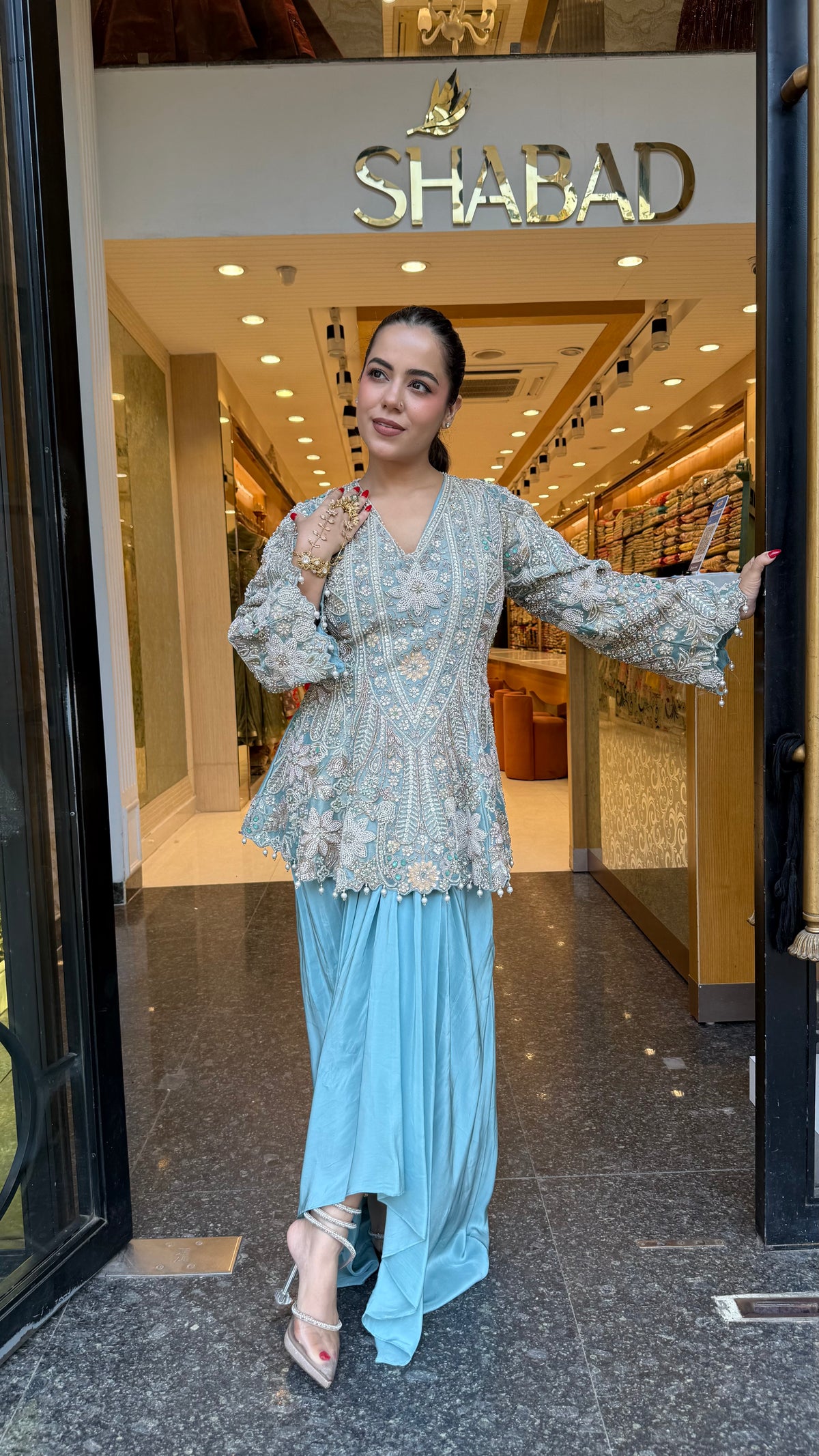 Designer Handworked Indo-Western Shirt & Crepe Bottom Set – Beads, Pearls & Sequin Work (delivery with 15-20 days)