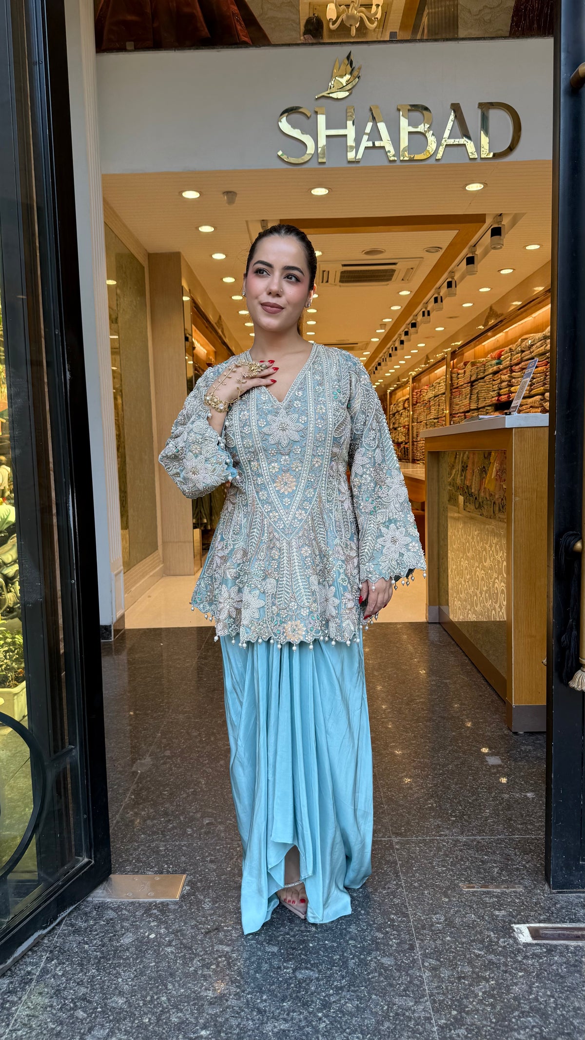 Designer Handworked Indo-Western Shirt & Crepe Bottom Set – Beads, Pearls & Sequin Work (delivery with 15-20 days)