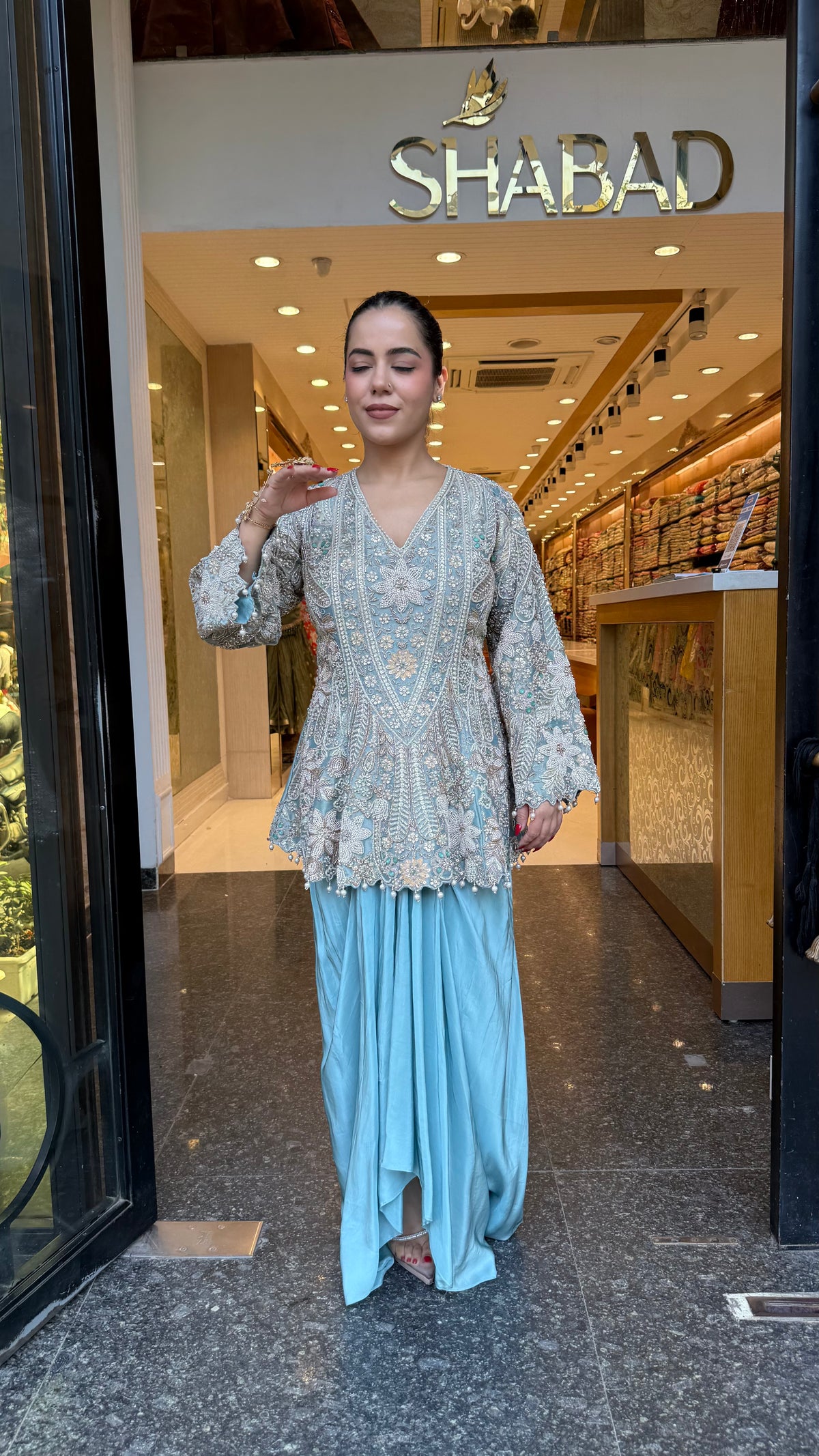 Designer Handworked Indo-Western Shirt & Crepe Bottom Set – Beads, Pearls & Sequin Work (delivery with 15-20 days)
